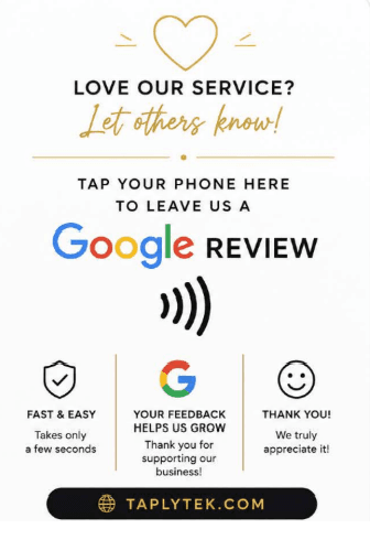 Back of the Taply NFC Google Review Card with customer instructions