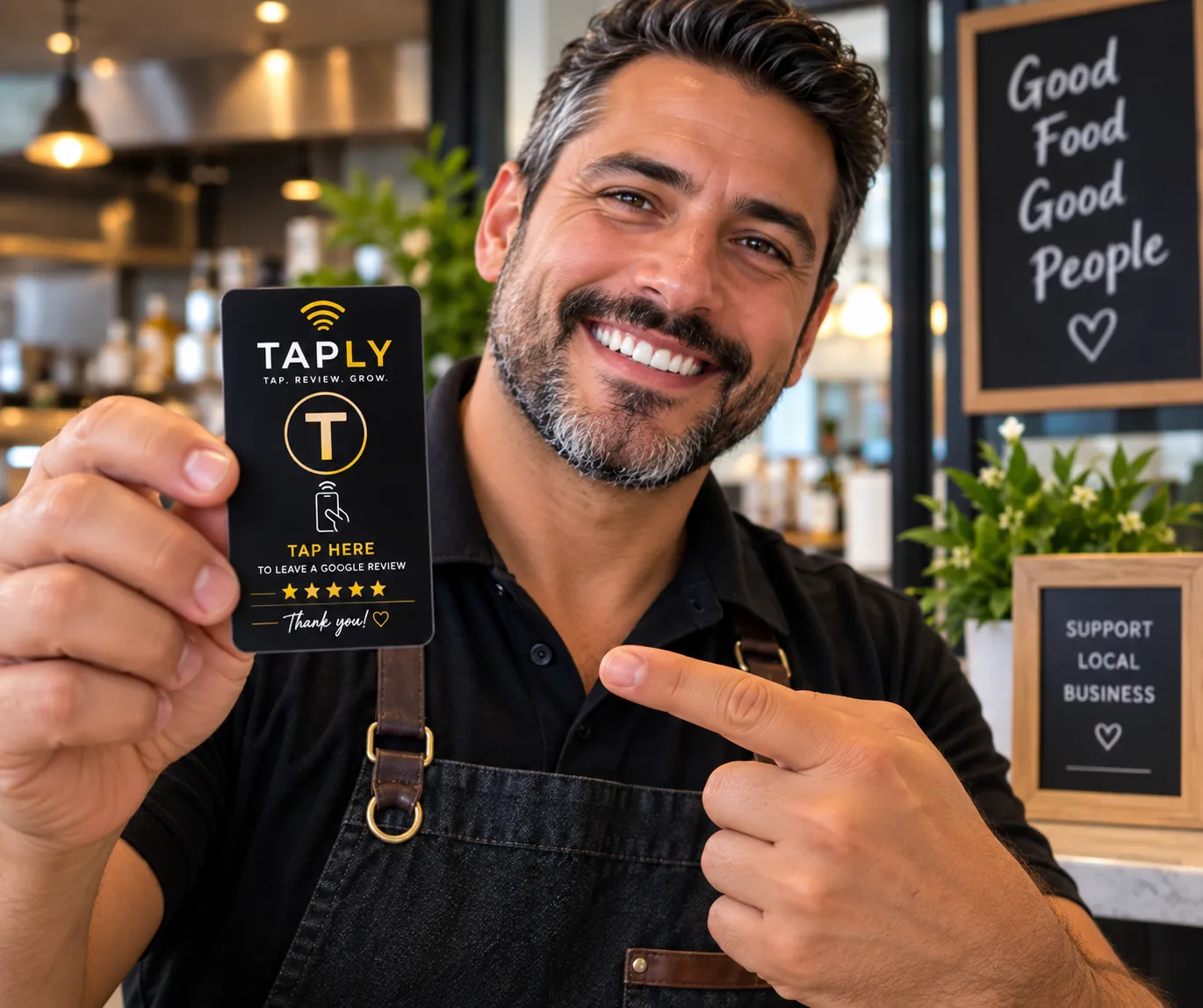 Business owner at their counter holding a black and gold Taply NFC Google review card